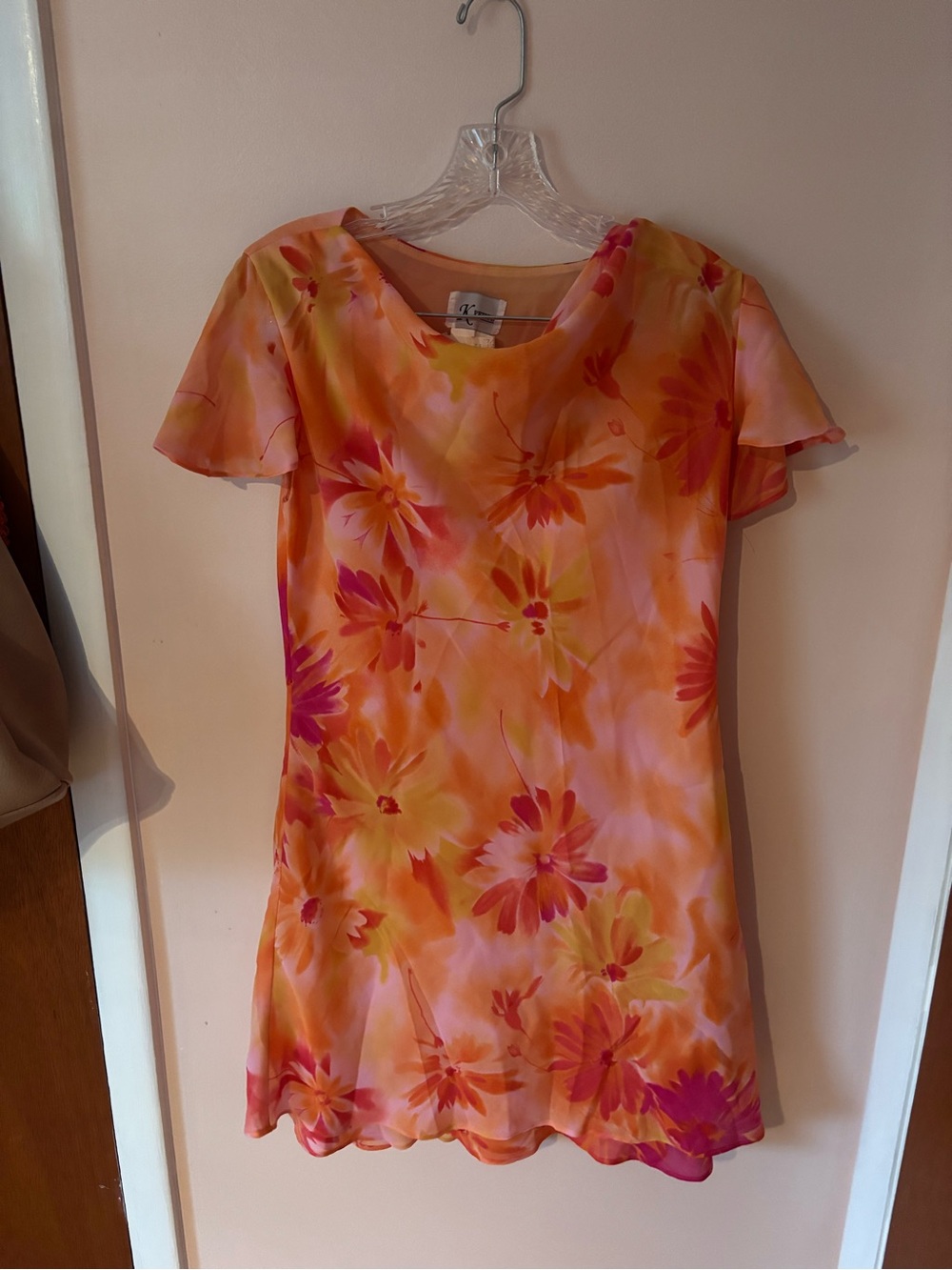 Vintage Y2K Vibrant PINK/ Orange Sheer Dress Floral Summer 8P